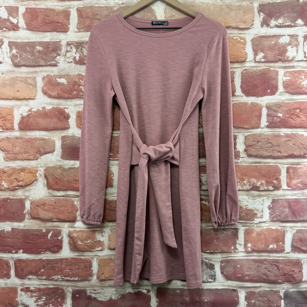 PrettyGarden Dress Womens Small Pink Tie Waist Casual Stretchy Knit Long Sleeves